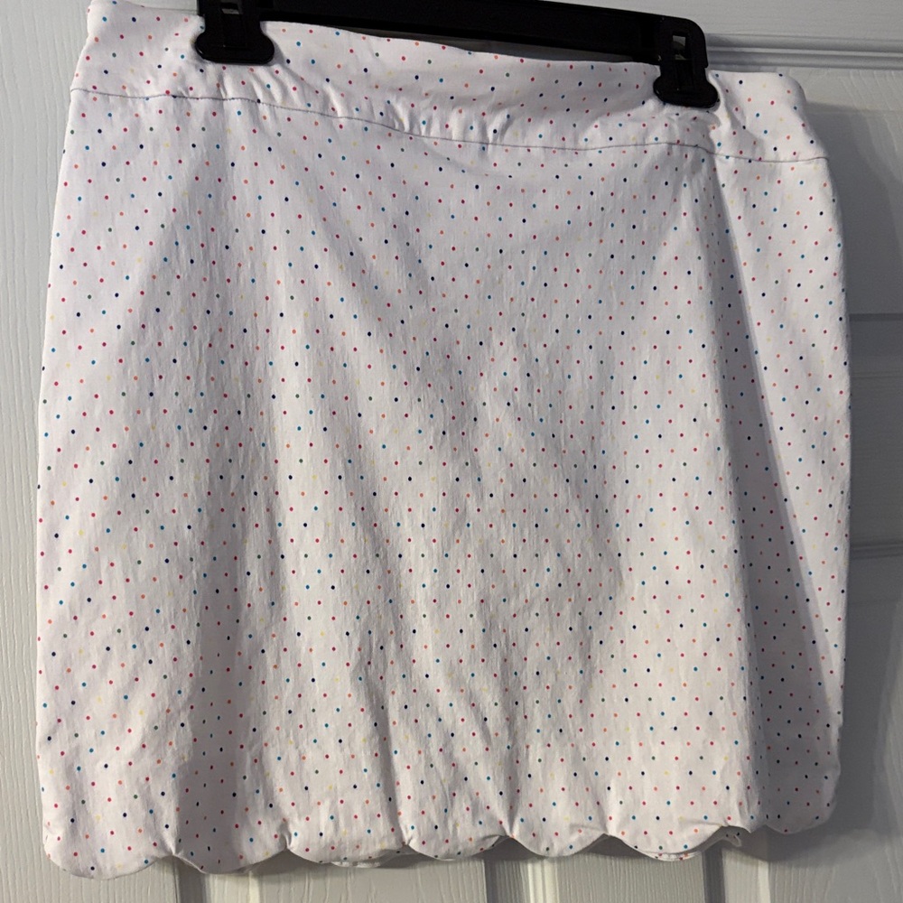 Counterparts White Scallop Hem Skort with Multicolor Polka Dots.